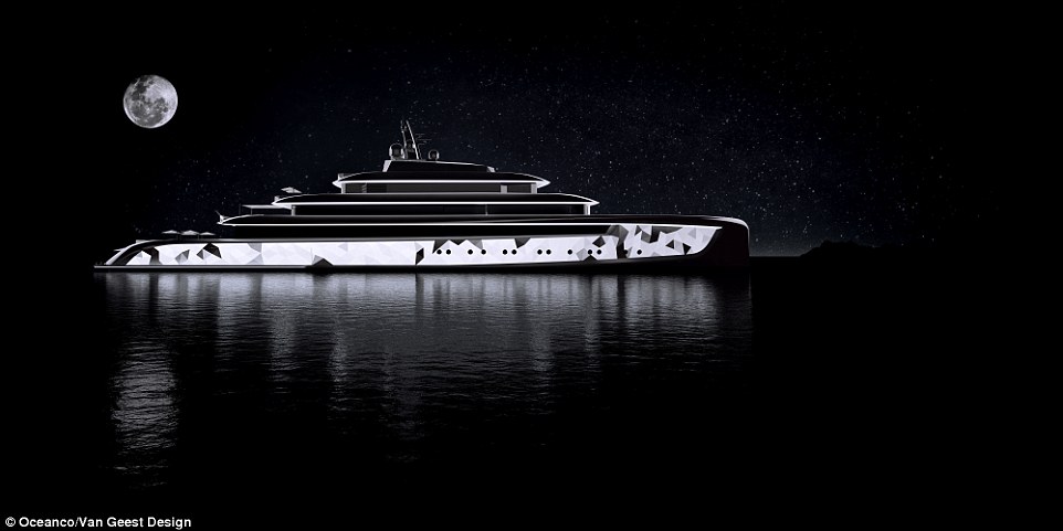The triangle-shaped LED lights on both sides of the hull can light up in various shades of colour and intensities, said Oceanco